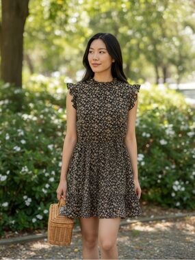 Cupshe Black Floral Ruffle Sleeve Womens Mini Dress Size M